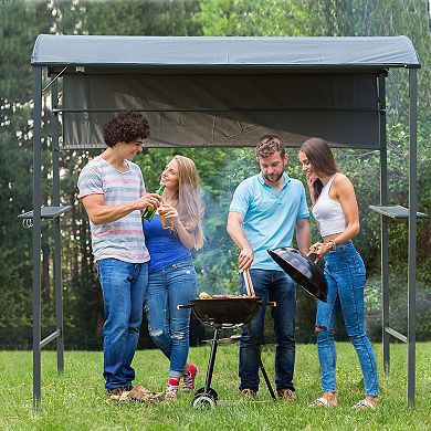 Outsunny 7FT Grill Gazebo BBQ Canopy with Sun Shade Panel Side Awning 2 Exterior Serving Shelves 5 Hooks for Patio Lawn Backyard