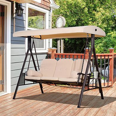 3-person Outdoor Canopy Patio Cushioned Bench Patio Glider Swing Seat, Beige