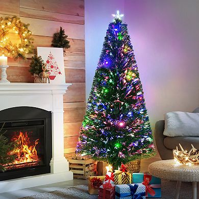 HOMCOM 6 ft Tall Douglas Fir Pre Lit Artificial Christmas Tree with Realistic Branches 24 Multi Color LED Lights Fiber Optics and 230 Tips