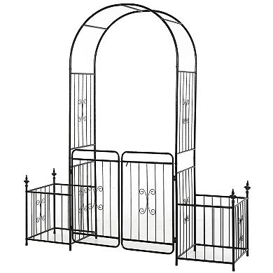 Outdoor Decorative Steel Backyard Gate & Trellis W/ Two Door Design & Scrollwork