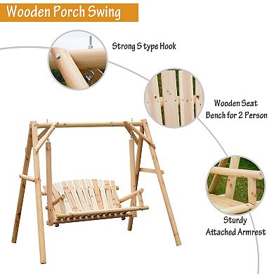 Freestanding 6.5' Wooden Loveseat Traditional Farmhouse Style Log Swing Natural