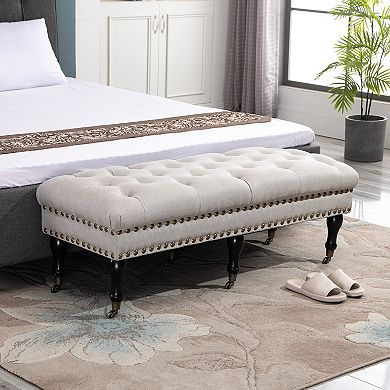 HOMCOM Mobile Upholstered Bench Rolling Button Tufted Fabric Accent Ottoman with Nailhead Trim and Wheels Beige