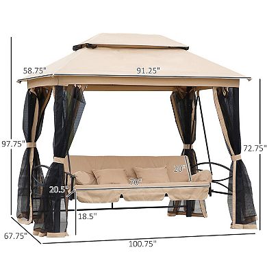 3 In 1 Folding Patio Swing W/ Canopy Outdoor Gazebo, Vented Top, Pillows, Grey