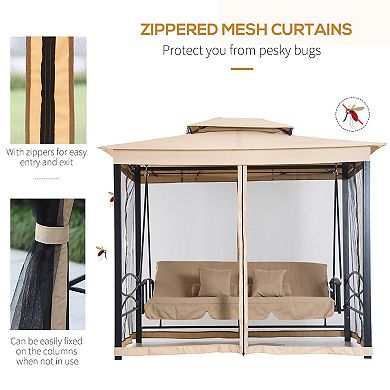 3 In 1 Folding Patio Swing W/ Canopy Outdoor Gazebo, Vented Top, Pillows, Grey