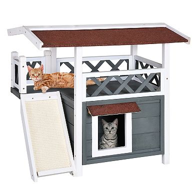 Outdoor Cat House Wood Shelter With Condo Sisal Ramp Weatherproof Outdoor/indoor