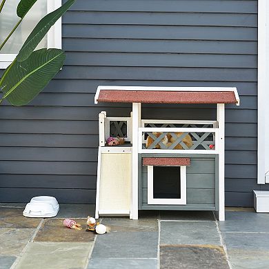 Outdoor Cat House Wood Shelter With Condo Sisal Ramp Weatherproof Outdoor/indoor