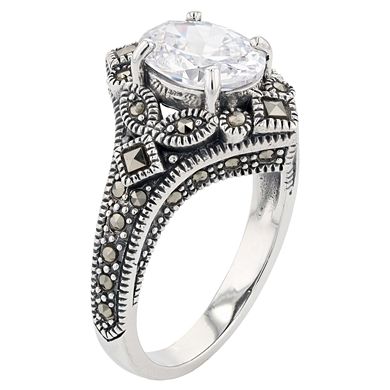 Lavish by TJM Sterling Silver Cubic Zirconia & Marcasite Ring