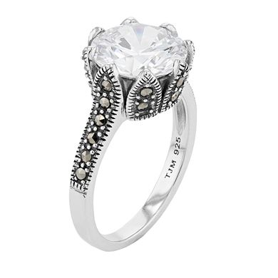 Lavish by TJM Sterling Silver White Cubic Zirconia & Marcasite Dome Ring