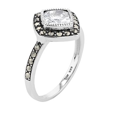 Lavish by TJM Sterling Silver Cushion White Cubic Zirconia & Marcasite Ring