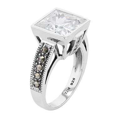 Lavish by TJM Sterling Silver Square White Cubic Zirconia & Marcasite Ring