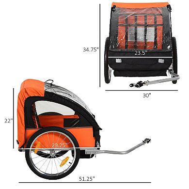Aosom 2 Seat Kids Child Bicycle Trailer with a Strong Steel Frame 5 Point Safety Harnesses and Comfortable Seat Orange