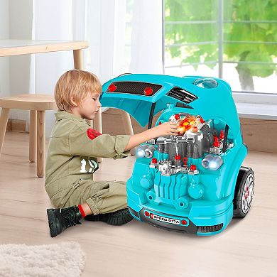 Qaba Kids Truck Engine Toy Set Educational Car Service Station Playset Engine Disassembly Play Workshop Includes 61 Pieces Accessories Steering Wheel Light Key for 3 5 Years Old Red