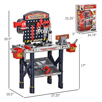 Qaba 55 PCS Kids Workbench and Construction Toy Toddler Tool Workshop STEM Educational Pretend Play w/ Shelf Storage Box Gift for Boys and Girls Aged 3 6 Years Old