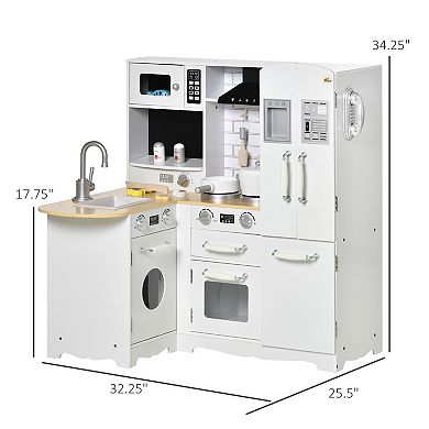 Qaba Kids Corner Kitchen Pretend Play Toy Educational Pretend Role Playset Game with Sound Effect Microwave Refrigerator Simulation Faucet Detachable Sink for Boys and Girls White