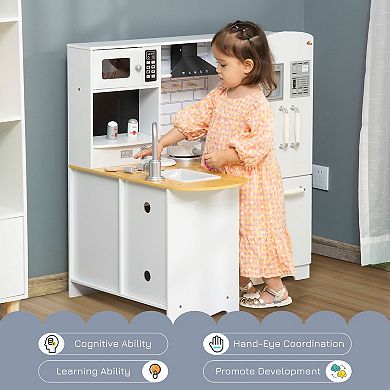 Qaba Kids Corner Kitchen Pretend Play Toy Educational Pretend Role Playset Game with Sound Effect Microwave Refrigerator Simulation Faucet Detachable Sink for Boys and Girls White