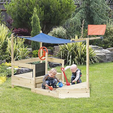 Outsunny Outdoor Pirate Ship Kids Sandbox with Covering Lid, Cool Shade, Wooden Sandbox Backyard Toy Outdoor Activity for Ages 3-8 Years Old, Natural Wood