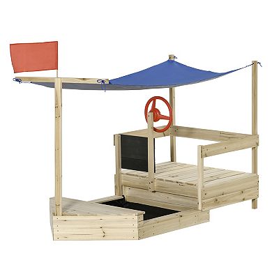 Outsunny Outdoor Pirate Ship Kids Sandbox with Covering Lid, Cool Shade, Wooden Sandbox Backyard Toy Outdoor Activity for Ages 3-8 Years Old, Natural Wood