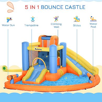 Outsunny Kids Inflatable Water Slide 5 in 1 Inflatable Bounce House Jumping Castle with Water Pool Slide Climbing Walls and 2 Water Guns