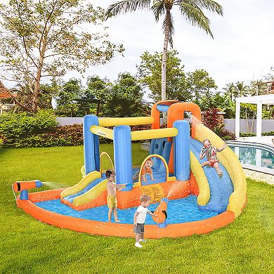 Outsunny Kids Inflatable Water Slide 5 in 1 Inflatable Bounce House Jumping Castle with Water Pool Slide Climbing Walls and 2 Water Guns