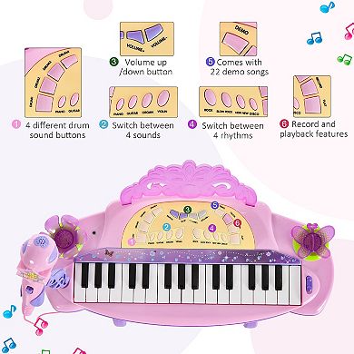 Qaba 32 Key Princess Electronic Piano Toy Keyboard for Kids Toddler Grand Piano with Stool MP3 Record and Microphone for 3 6 Years Pink/Purple