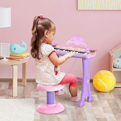 Qaba 32 Key Princess Electronic Piano Toy Keyboard for Kids Toddler Grand Piano with Stool MP3 Record and Microphone for 3 6 Years Pink/Purple