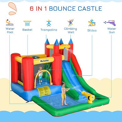 Outsunny Kids Inflatable Water Slide 6 in 1 Bounce House Jumping Castle Water Pool Gun Climbing Wall Basket with Air Blower for Summer Playland