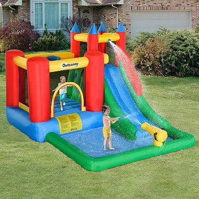 Outsunny Kids Inflatable Water Slide 6 in 1 Bounce House Jumping Castle Water Pool Gun Climbing Wall Basket with Air Blower for Summer Playland