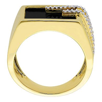 Stella Grace Men's Gold Tone Sterling Silver Black Onyx & 1/6 Carat T.W. Diamond Square Ring