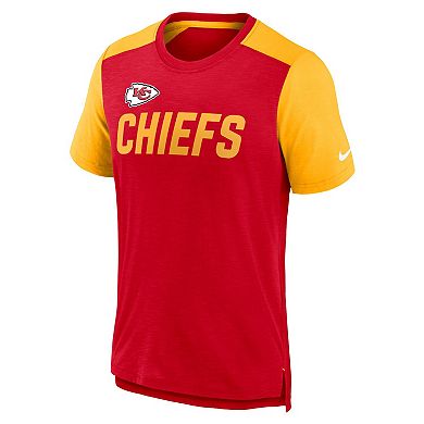 Men's Nike Heathered Red/Heathered Gold Kansas City Chiefs Color Block Team Name T-Shirt