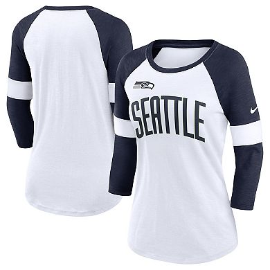 Women's Nike Seattle Seahawks White/Heathered College Navy Football Pride Slub 3/4 Raglan Sleeve T-Shirt