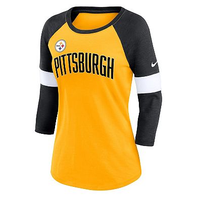 Women's Nike Pittsburgh Steelers Heathered Gold/Heathered Black Football Pride Slub 3/4 Raglan Sleeve T-Shirt