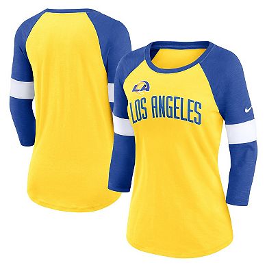 Women's Nike Los Angeles Rams Heather Gold/Heather Royal Football Pride Raglan 3/4-Sleeve T-Shirt