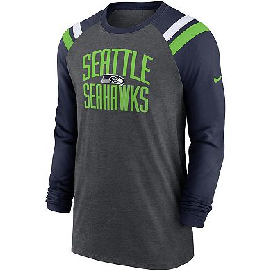 Men's Nike Heathered Charcoal/College Navy Seattle Seahawks Tri-Blend Raglan Athletic Long Sleeve Fashion T-Shirt