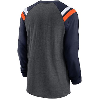 Men's Nike Heathered Charcoal/Navy Denver Broncos Tri-Blend Raglan Athletic Long Sleeve Fashion T-Shirt