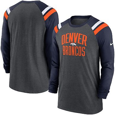 Men's Nike Heathered Charcoal/Navy Denver Broncos Tri-Blend Raglan Athletic Long Sleeve Fashion T-Shirt