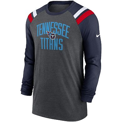 Men's Nike Heathered Charcoal/Navy Tennessee Titans Tri-Blend Raglan Athletic Long Sleeve Fashion T-Shirt