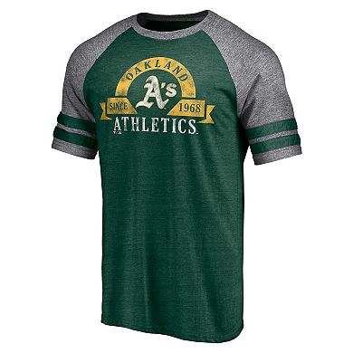 Men's Fanatics Branded Heather Green Oakland Athletics Utility Two-Stripe Raglan Tri-Blend T-Shirt