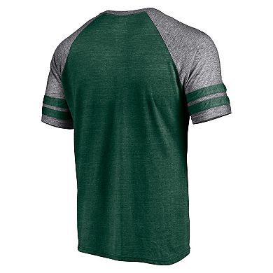 Men's Fanatics Branded Heather Green Oakland Athletics Utility Two-Stripe Raglan Tri-Blend T-Shirt