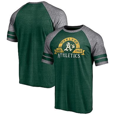 Men's Fanatics Branded Heather Green Oakland Athletics Utility Two-Stripe Raglan Tri-Blend T-Shirt