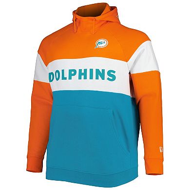 Men's New Era Aqua Miami Dolphins Big & Tall Throwback Colorblock Fleece Raglan Pullover Hoodie