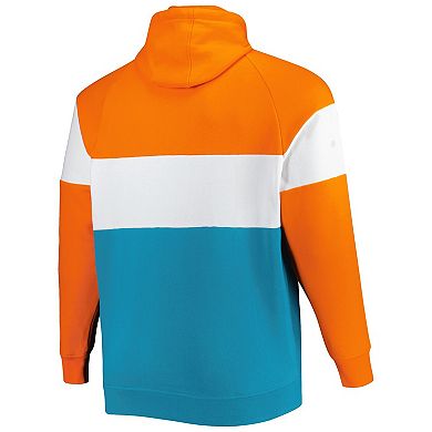 Men's New Era Aqua Miami Dolphins Big & Tall Throwback Colorblock Fleece Raglan Pullover Hoodie