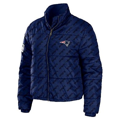 Women's WEAR by Erin Andrews Navy New England Patriots Puffer Full-Zip Cropped Jacket