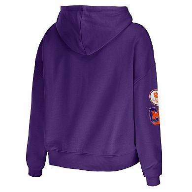 Women's WEAR by Erin Andrews Purple Clemson Tigers Mixed Media Cropped Pullover Hoodie