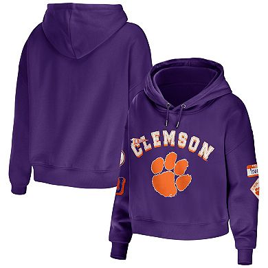 Women's WEAR by Erin Andrews Purple Clemson Tigers Mixed Media Cropped Pullover Hoodie