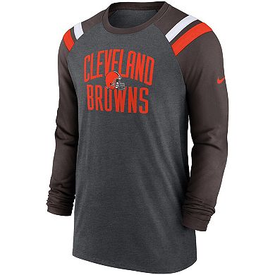 Men's Nike Heathered Charcoal/Brown Cleveland Browns Tri-Blend Raglan Athletic Long Sleeve Fashion T-Shirt