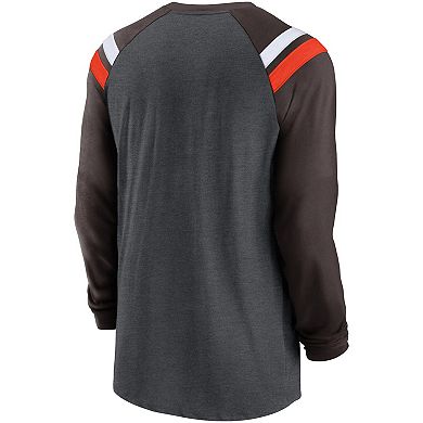 Men's Nike Heathered Charcoal/Brown Cleveland Browns Tri-Blend Raglan Athletic Long Sleeve Fashion T-Shirt