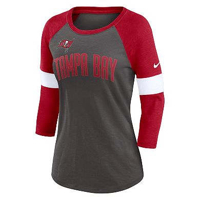 Women's Nike Tampa Bay Buccaneers Pewter/Heather Red Football Pride Raglan 3/4-Sleeve T-Shirt