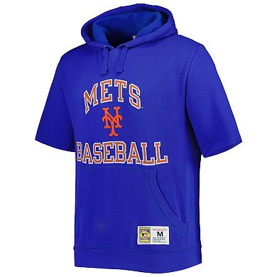 Men's Mitchell & Ness Royal New York Mets Cooperstown Collection Washed Fleece Pullover Short Sleeve Hoodie
