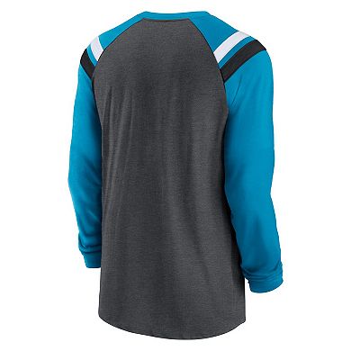 Men's Nike Heathered Charcoal/Blue Carolina Panthers Tri-Blend Raglan Athletic Long Sleeve Fashion T-Shirt