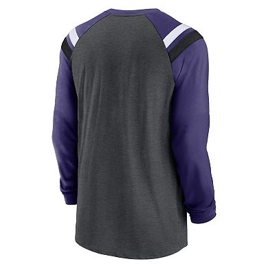 Men's Nike Heathered Charcoal/Purple Baltimore Ravens Tri-Blend Raglan Athletic Long Sleeve Fashion T-Shirt